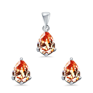 Art Deco Jewelry Set Pendant Earring Pear Simulated Champagne Cubic Zirconia 925 Sterling Silver